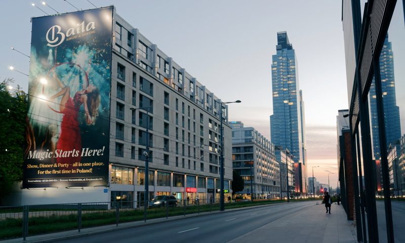 4 - Prosta Street in Warsaw, Poland, featuring the Baila Show & Dining venue banner